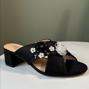 Jon Josef Satin Criss-Cross Floral Beaded Slip On Mule Open Toe Heels Leather
